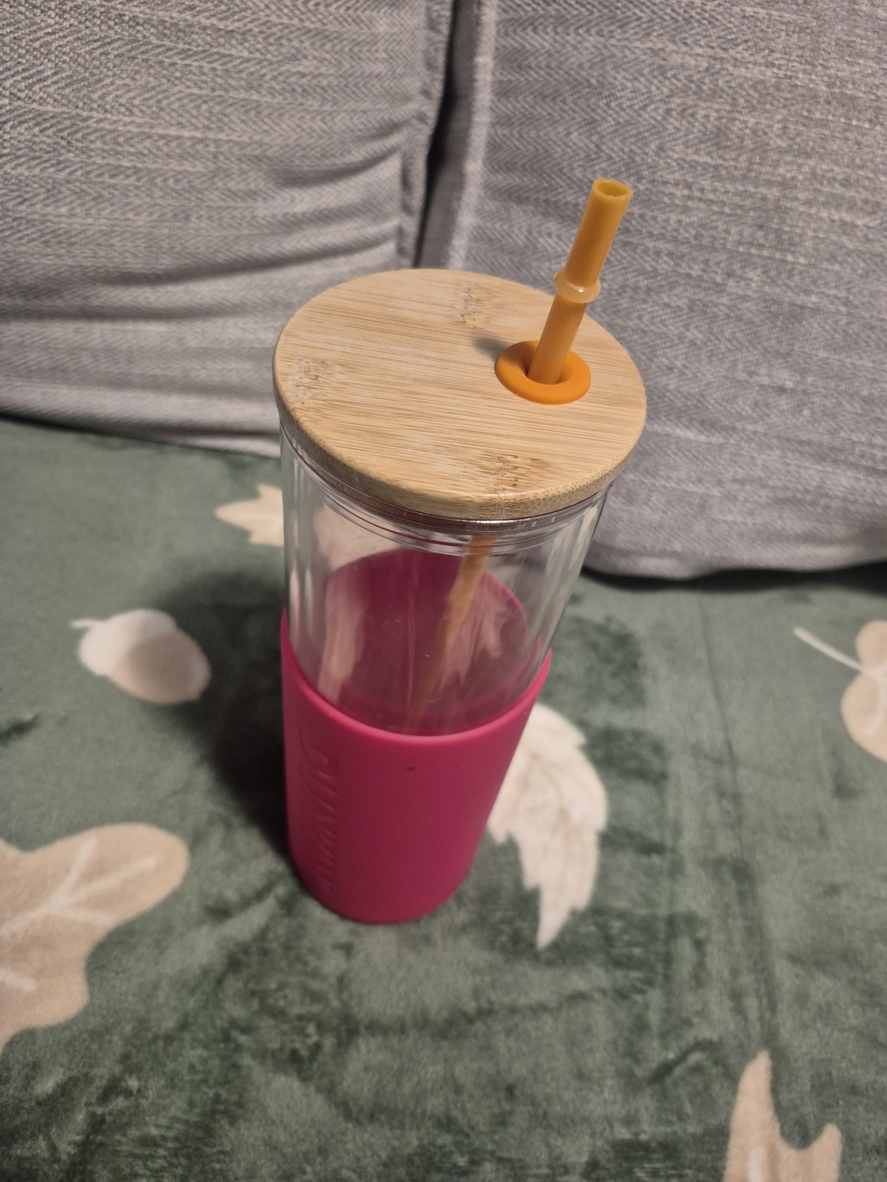 Glass Tumbler with Pink Silicone Sleeve, Bamboo Lid & Orange Straw